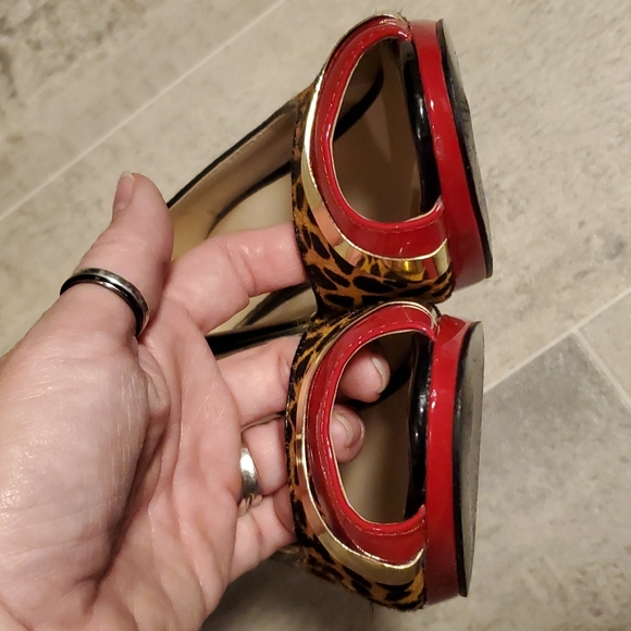Nine West Glamgirl Calf Hair & Red Patent Leather Peeptoe Heels - Picture 2 of 8